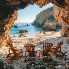 Compact beach chairs with cup holders, neatly arranged in a secluded cove with rocky formations and sparkling ocean views.