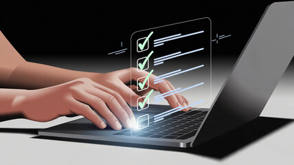 Person is typing on a laptop with a check mark on the screen