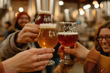Friends clinking craft beer glasses at a tasting event, with a blurred brewery background and warm ambiance,