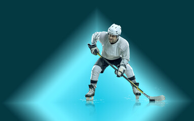 Ice Hockey Players in Action Under Neon Lights. Dynamic pose and intense atmosphere highlight the energy of the sport. Competition, teamwork, modern sports aesthetics..