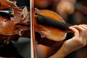 Fototapeta premium Close-Up of Hand Playing Violin in Musical Performance Setting