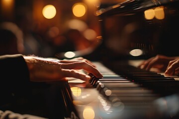 Close-Up of Hands Playing Piano Keys in Soft Dim Light