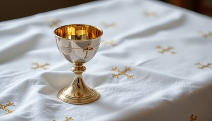 silver chalice and paten on white altar cloth with golden crosses sacred religious object for christian worship product photography liturgical branding and faith based visuals