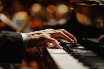 Obraz premium Elegant Hands Playing Piano in an Orchestral Setting