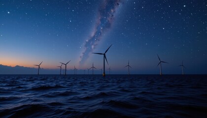 offshore wind turbines under starry night sky clean electricity production visual for renewable energy branding green technology and global sustainability