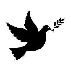 Flying Dove with Olive Branch Symbolizing Peace and Hope in a Simple Silhouette