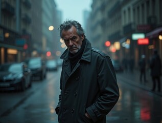 Fototapeta premium lonely man standing in the rain, looking down, dark and moody atmosphere, cinematic lighting, ultra-realistic reflections