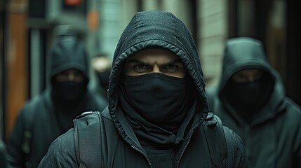 A masked thief in a black hoodie escapes a bank with accomplices in a clandestine heist 