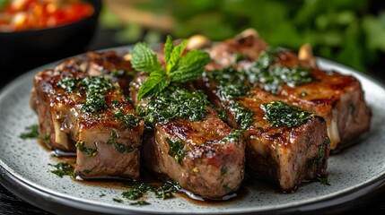 Chef serving lamb with mint sauce on white porcelain plate with sophisticated background