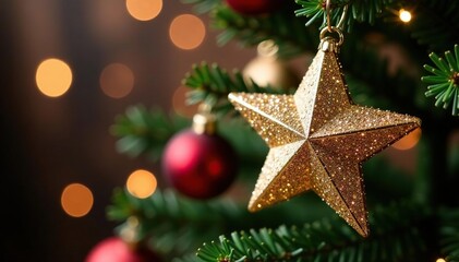 Sparkling star-shaped Christmas tree ornament, festive holiday decoration , star ornament, light