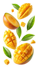 flying mango fruit and half slices isolated on transparent white background, clipping path