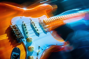 Vibrant Electric Guitar in Motion with Colorful Light Trails