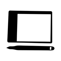 Black and white illustration of a graphic tablet with a stylus