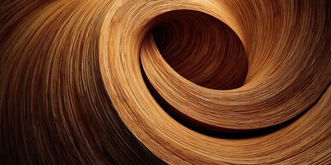 Spiraling abstract pattern of layered wood sheets with rich brown tones
