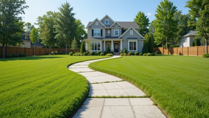 Charming Suburban Home with Lush Green Lawn and Curved Pathway on a Sunny Day