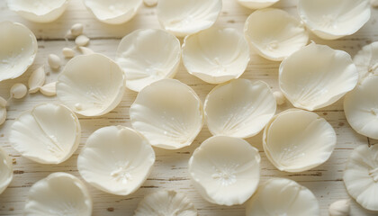 Close-Up of Delicate White Cream Petals on Off-White Wooden Background