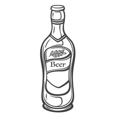 Beer bottle with label and wheat symbol in doodle outline style. Hand drawn alcohol drink element. Vector illustration for bar decor, pub menu, or packaging design.