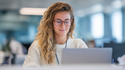 Woman working on laptop in office setting with glasses and blonde curly hair looking at screen 