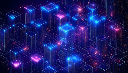Futuristic grid of city blocks in neon blue and pink hues. Digital landscape radiates technology and innovation