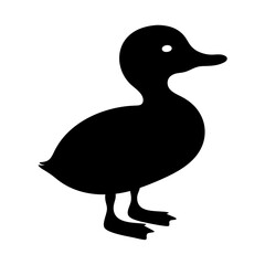 Simple black silhouette illustration of a standing duck on a white background