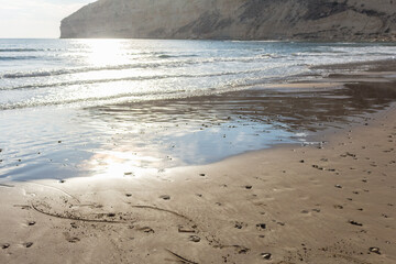 Ocean Waves Gently Kiss Sandy Shoreline.