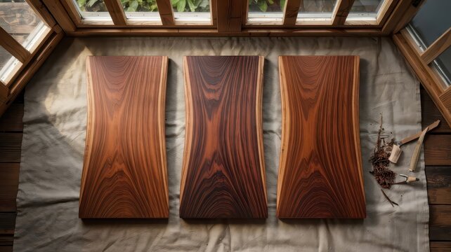 Sapele wood texture progression showing three planks in different finishing stages - raw, oiled and polished - arranged on neutral linen with visible interlocking grain pattern