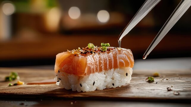 Sushi omakase premium otoro nigiri in macro detail showing translucent fatty tuna marbling, seasoned rice grains, nikiri sauce droplet on surface, table-level angle, soft bokeh background