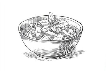 Pasta Bowl Sketch Chicken and Basil Delight with Artistic Food Art.