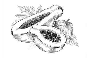 Papaya Sketch Exotic Fruit with HandDrawn, Tropical, and Monochrome.