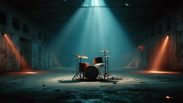 drum set in the middle of an empty warehouse, spotlight shining from above, echo concept 