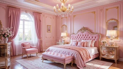 Elegant Pink Bedroom with Luxurious Decor and Chandelier Under Soft Natural Light