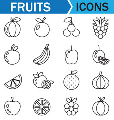 Hand-drawn icons of fruits including watermelon, grapes, and apples, perfect for food design.