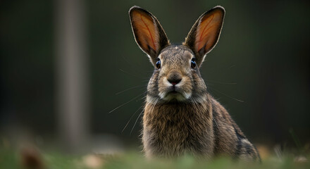Fototapeta premium Alert Hare Sitting in Grassy Field Looking Forward