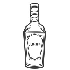 Bourbon bottle with classic label in doodle outline style. Hand drawn alcohol drink element. Vector illustration for bar packaging, menu, or branding design.