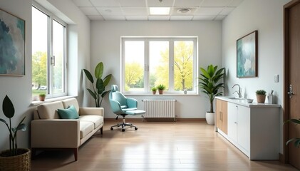 Fototapeta premium Modern, clean dentist office waiting area with comfortable seating and natural light , smile, decor, medical facility