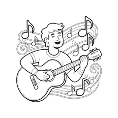 Hand-drawn illustration of a saxophonist playing music with musical notes surrounding him, perfect for jazz, music, and artistic design concepts