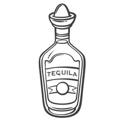 Tequila bottle with wide label and iconic cap in doodle outline style. Hand drawn alcohol drink element. Vector illustration for menu, party decor, or bar packaging.