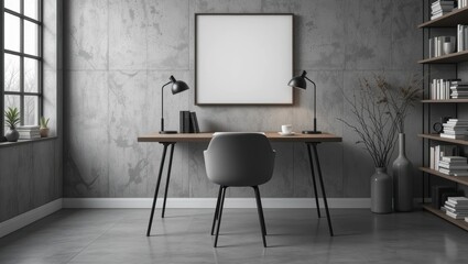Minimalist Office Workspace with Concrete Walls and Wooden Desk Under Ambient Lighting