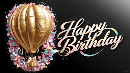 Stylish birthday greeting vector with a black background, 3D golden balloon, glittering confetti, and bold Happy Birthday text