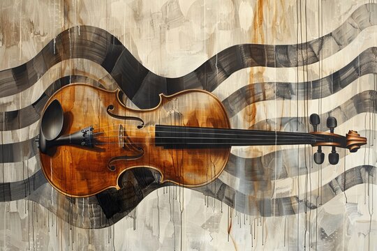 Artistic Violin with Abstract Waves and Textures on a Canvas Background - Powered by Adobe