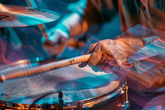Dynamic Drumming Performance with Motion Blur and Color Lights