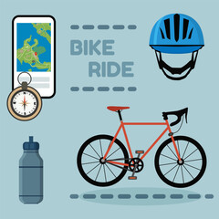 Set of bike rides items:bicycle,helmet,map,bottle, compass.Outdoor biking activity concept.Vector illustration on blue background. For web projects, posters etc. 