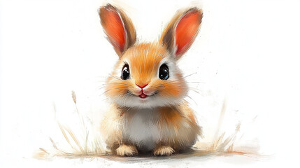 Obraz premium Cute cartoon rabbit, sitting, smiling, fluffy, orange, white, adorable, animal, illustration, children,