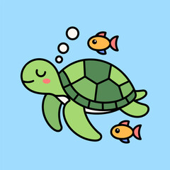Cute Sea Turtle Swimming with Fish Cartoon Illustration