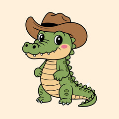 Cute Cartoon Crocodile Wearing Cowboy Hat Illustration © Thi