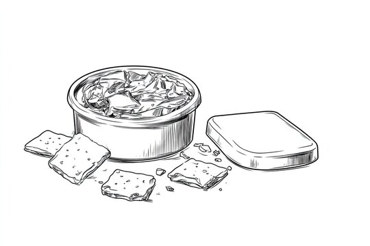 black and white food sketch: crackers and dip clip art preview