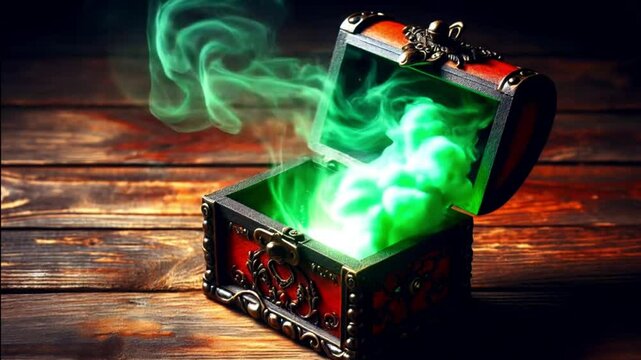 Open pandora's box with green smoke on a wooden background