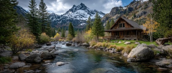 Fototapeta premium Serene Mountain Cabin with Spring Meltwater View and Lush Surroundings