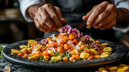 Chef decorating ceviche plate with edible flowers and banana chips on light stone counter