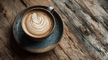 Latte in ceramic mug, art on wood